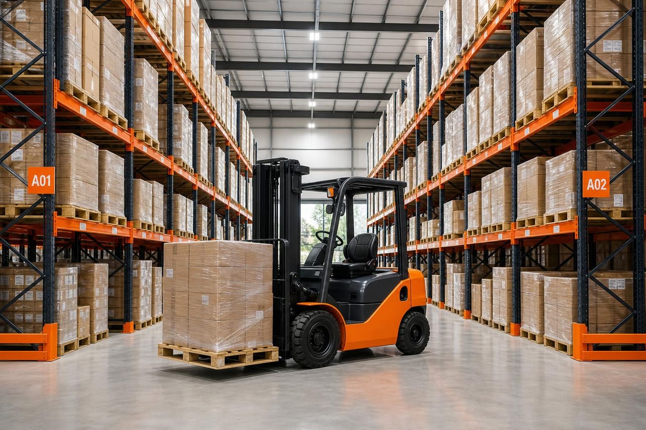 Große Logistikhalle in Bad Dürkheim mit hohen, gut gefüllten Palettenregalen